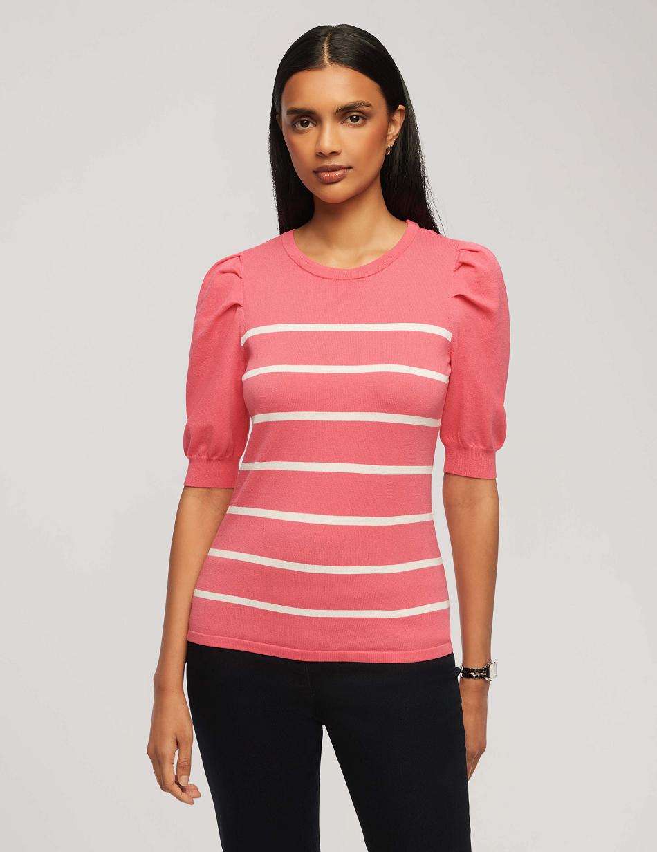 Hauts Anne Klein Corta Puff Sleeve Crew Neck With Stripes   | KQB-4878377